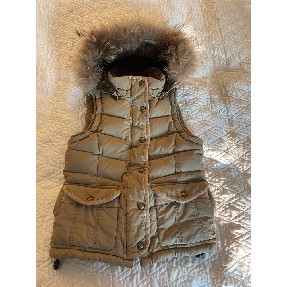 Teenie Weenie T.W Bear Original Tan Preppy Down Puffer Vest Tan Fur Hood Size-FS